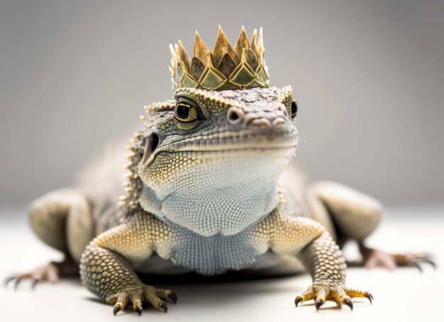 Lagarto con una corona de oro sobre un fondo blanco.