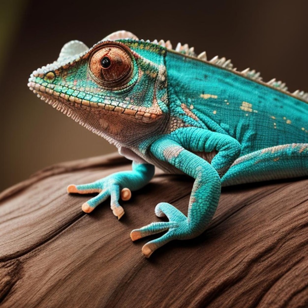 Un lagarto con un cuerpo azul y ojos marrones se sienta en una superficie marrón.