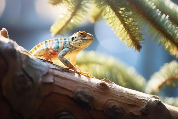 Lagarto de colarinho em um pedaço de árvore iluminado pelo sol