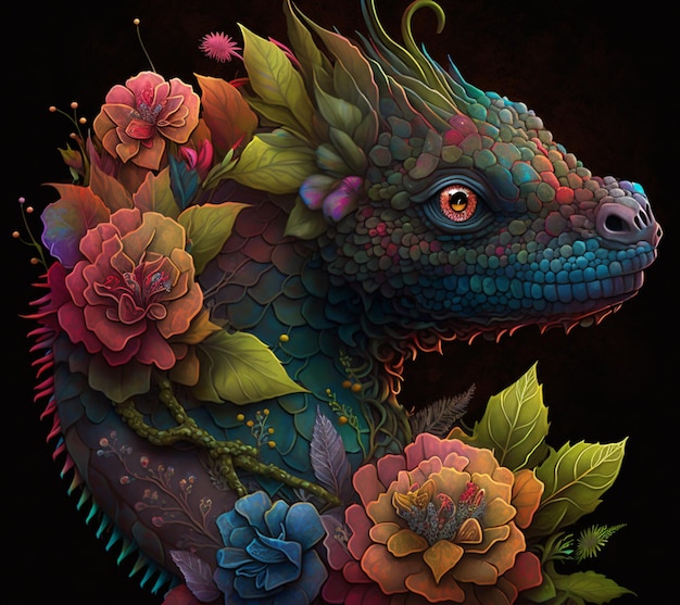 lagarto de cores brilhantes com flores e folhas na cabeça