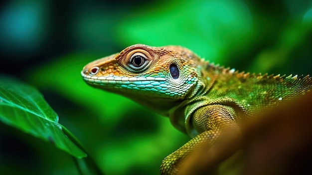 Lagarto de corpo inteiro na folha verde Lindo lagarto