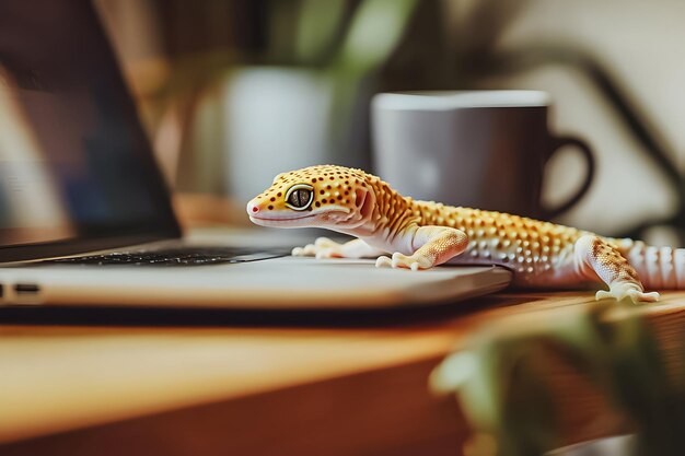 Lagarto descansando en una computadora portátil en un acogedor entorno de oficina en casa