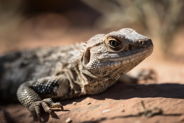 Lagarto do deserto se aquecendo ao sol, sua pele brilhando