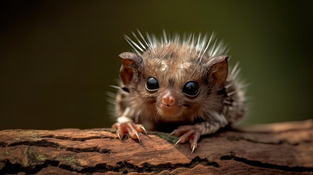 Un lagarto dragón bebé con pelo puntiagudo se sienta en una rama.