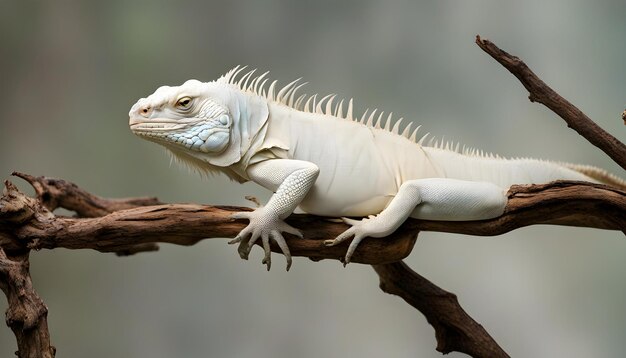 un lagarto está acostado en una rama con un fondo gris