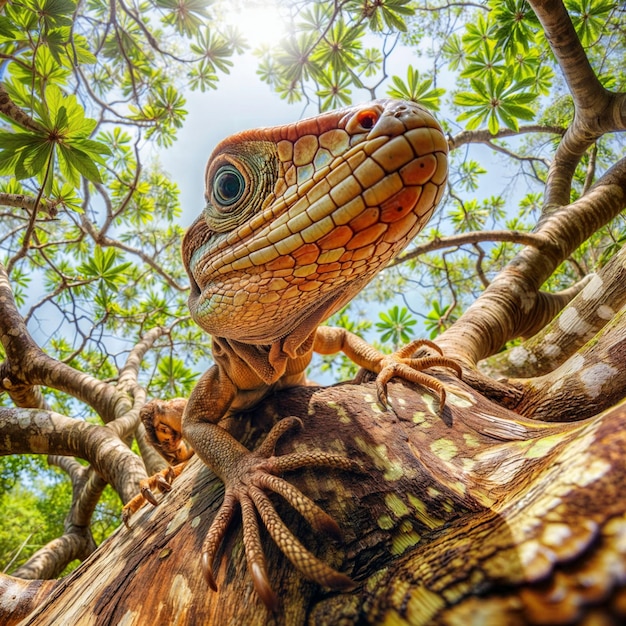 un lagarto está en un árbol con un fondo de cielo