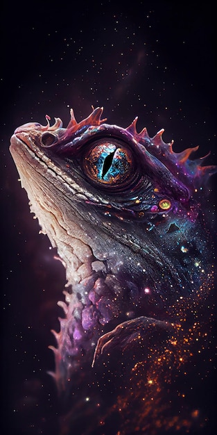 lagarto en estrellas de la galaxia con estilo iridiscente y con forma de cara de lagarto