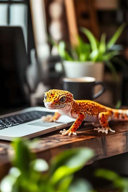 Lagarto explorando un espacio de trabajo con plantas y café durante una acogedora tarde interior