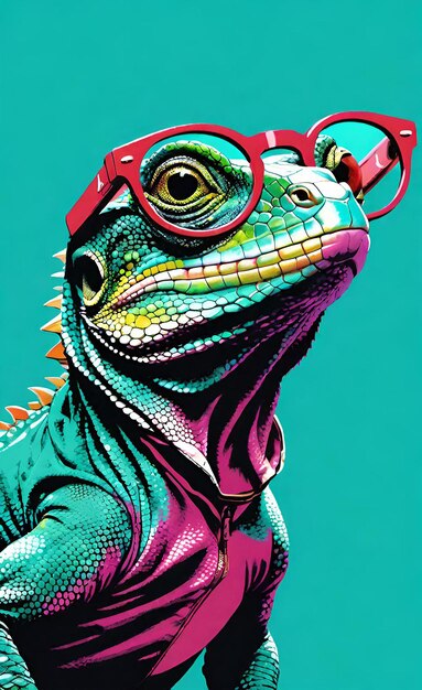 Lagarto con gafas Arte pop de onda retro Colores de neón