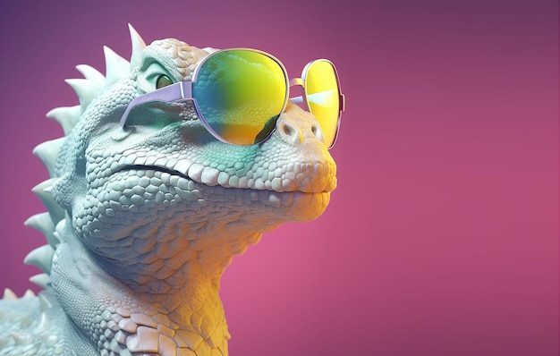 Un lagarto con gafas de sol y un fondo rosa.