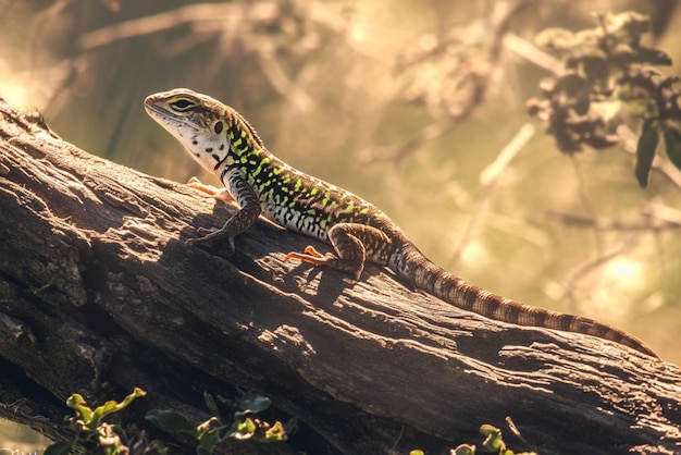 Lagarto iluminado por el sol disfrutando del calor relajado bajo los rayos del sol