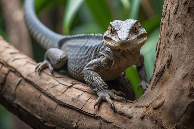 Foto un lagarto monitor de bengala varanus bengalensis es fotografiado mientras mira con curiosidad a la cámara desde el tronco del árbol