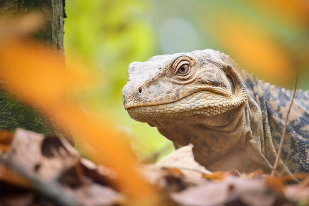 Lagarto monitor camuflado entre a folhagem das árvores