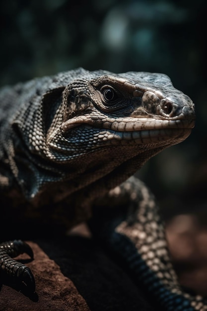 Un lagarto monitor con un fondo oscuro