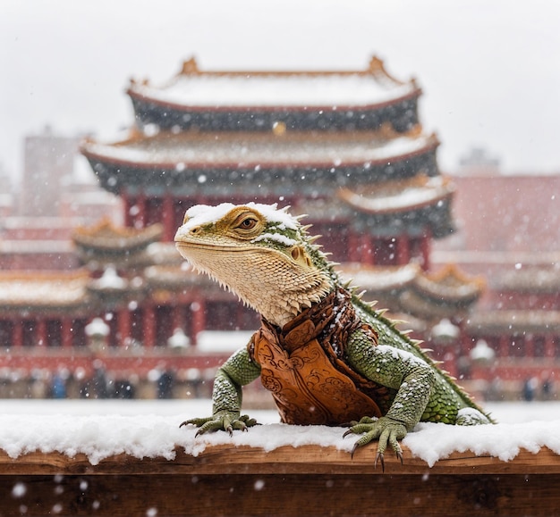 Foto lagarto na cidade proibida pequim china durante a nevasca