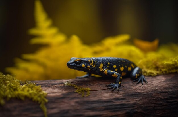 Un lagarto negro y amarillo se sienta en una rama frente a un fondo amarillo.