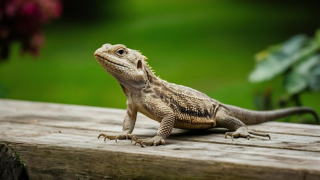 Foto un lagarto de pie en la madera en el jardín