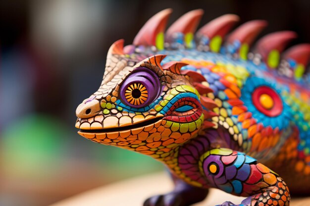 Foto un lagarto pintado de colores en una mesa