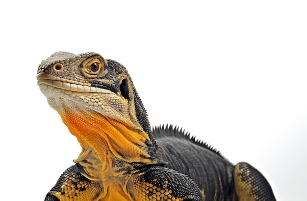 un lagarto con plumas naranjas y amarillas en la cabeza