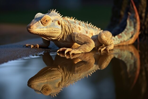 Lagarto que se desprende de la piel cerca de una fuente de agua con reflejo