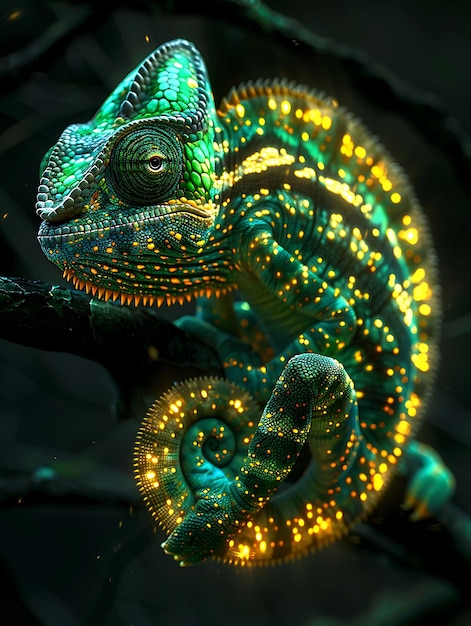 un lagarto que está en una rama con luces a su alrededor