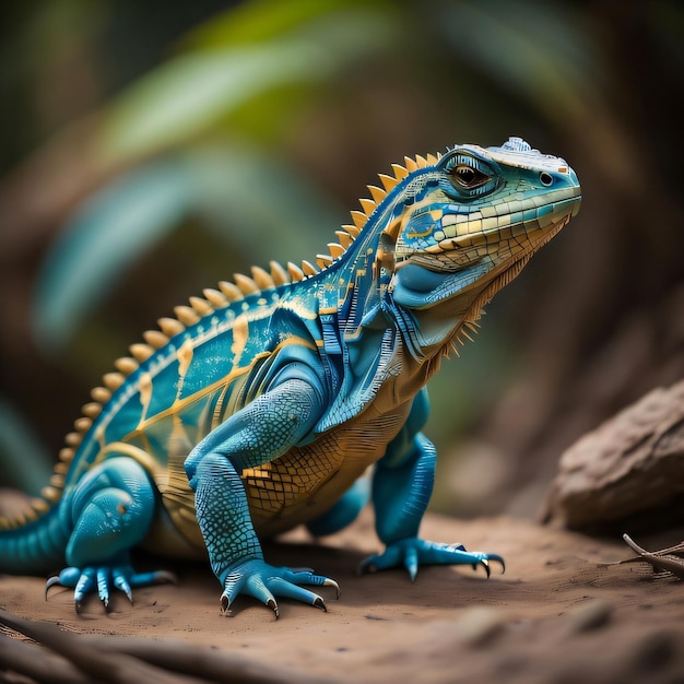 Un lagarto con rayas azules y naranjas en su cuerpo.