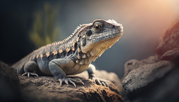 Un lagarto en una roca con el sol detrás