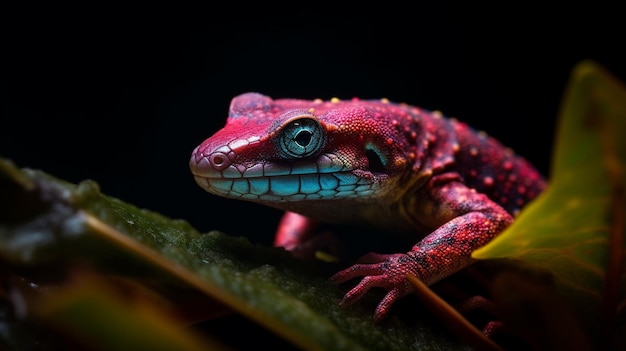 Un lagarto rojo y verde con un ojo azul se sienta en una hoja.