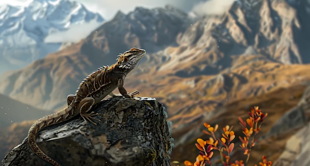 Foto un lagarto está sentado en la cima de una roca