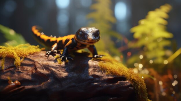 Lagarto sentado en una roca en el bosque