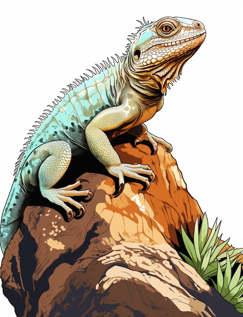 lagarto sentado en una roca con hierba y rocas en el fondo generativo ai