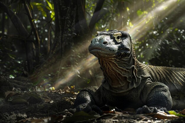 un lagarto se sienta en el bosque con el sol brillando a través de los árboles