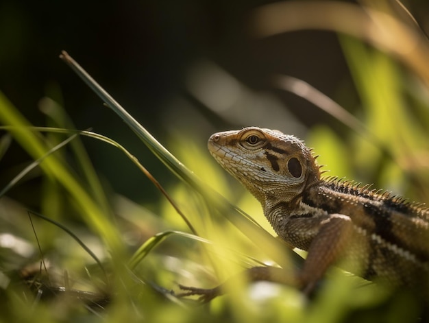 Un lagarto se sienta en la hierba al sol.