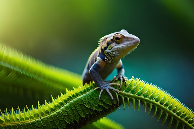 Un lagarto se sienta en una planta con una hoja verde en el fondo.