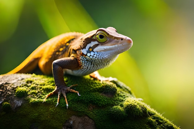 Un lagarto se sienta en una rama cubierta de musgo.