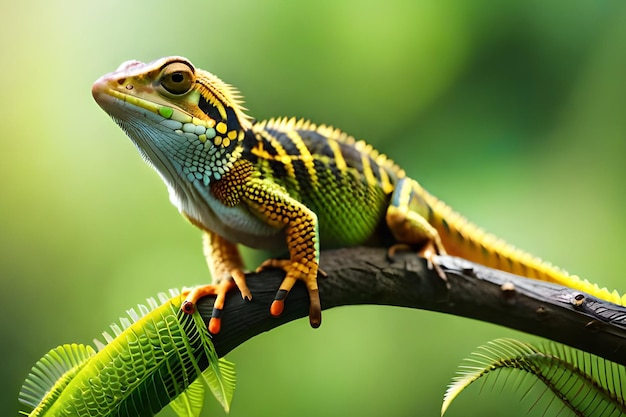 Un lagarto se sienta en una rama con rayas verdes y negras.