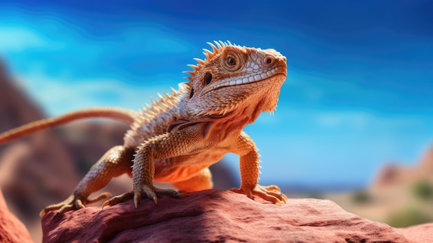 un lagarto se sienta en una roca con un fondo de cielo azul