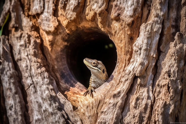 Un lagarto se sienta en el tronco de un árbol hueco.