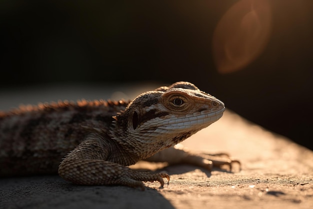 Un lagarto sobre una superficie de madera con el sol brillando sobre él.