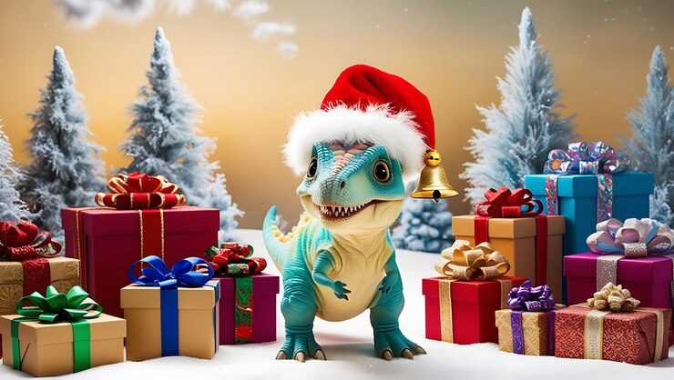 un lagarto con un sombrero en la cabeza se sienta en una pila de regalos