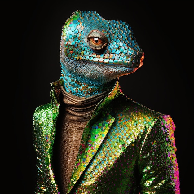 Un lagarto con un traje con un lagarto verde y azul.