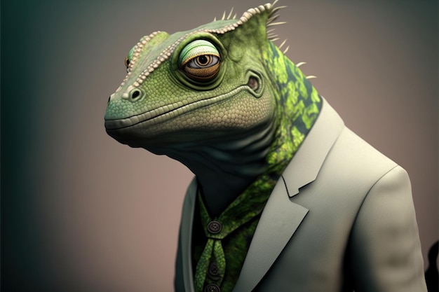 Un lagarto en un traje con un lagarto verde.