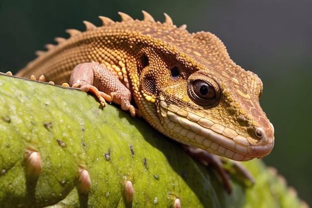 Lagarto tropical na selva em um dia ensolarado Ilustração da floresta tropical com réptil colorido brilhante entre plantas exóticas com folhas grandes Fundo com paisagem de natureza intocada Generative AI