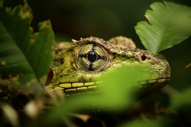 Un lagarto verde en un arbusto, con el ojo de un lagarto.