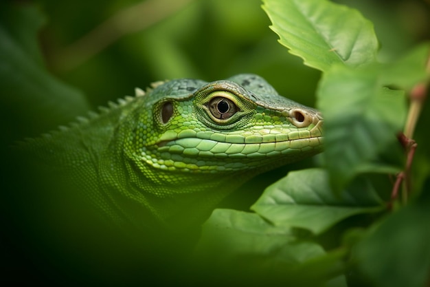 Un lagarto verde en los arbustos.