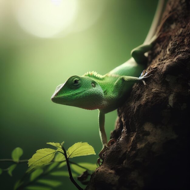 lagarto verde em um galho na floresta