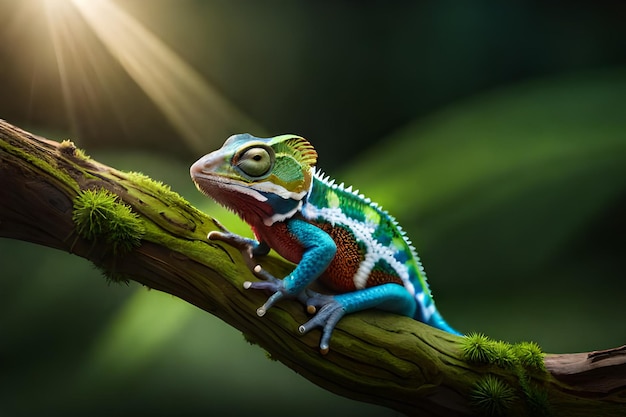 Un lagarto verde y rojo se sienta en una rama con el sol brillando sobre él.