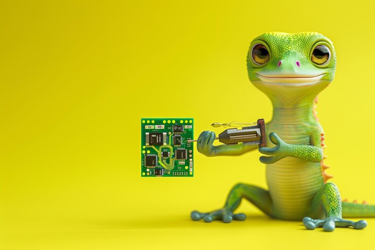 Foto un lagarto verde tiene un pequeño dispositivo electrónico en la boca