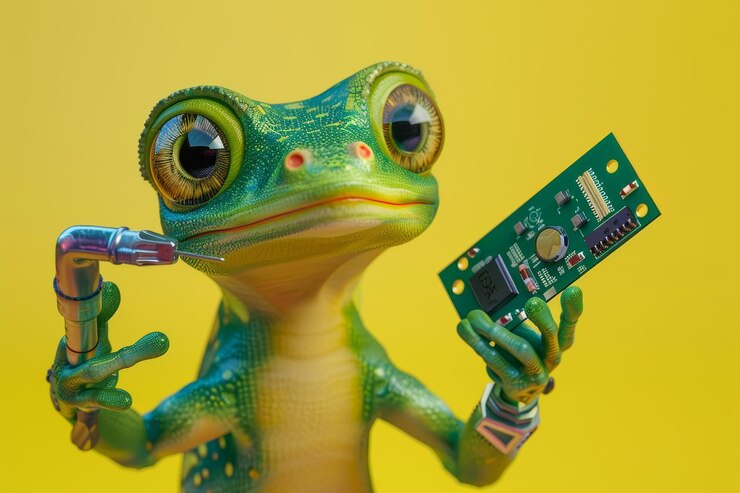 Foto un lagarto verde tiene un pequeño dispositivo electrónico en la boca