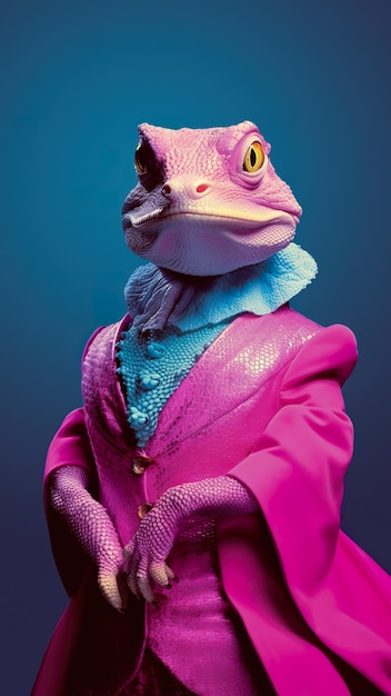 Un lagarto vestido con un abrigo morado y una capa rosa Imagen generativa de IA